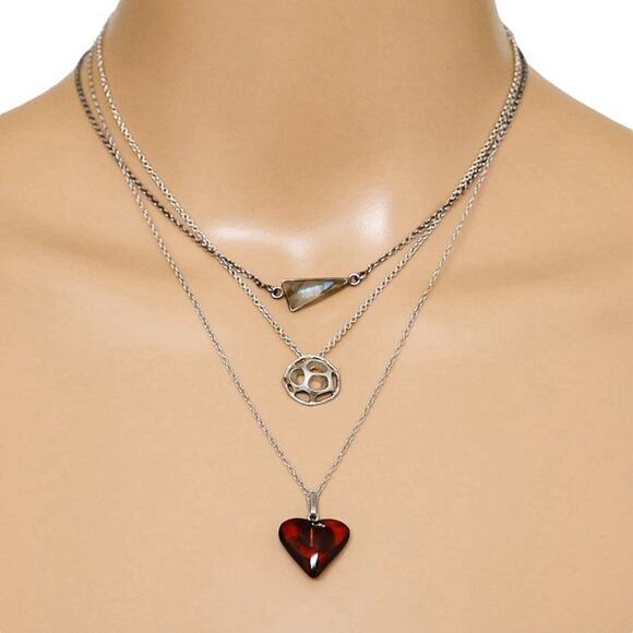 Lot Of 3 Stackable Sterling Silver Layered Necklace Set Labradorite Amber Boho - Picture 3 of 16